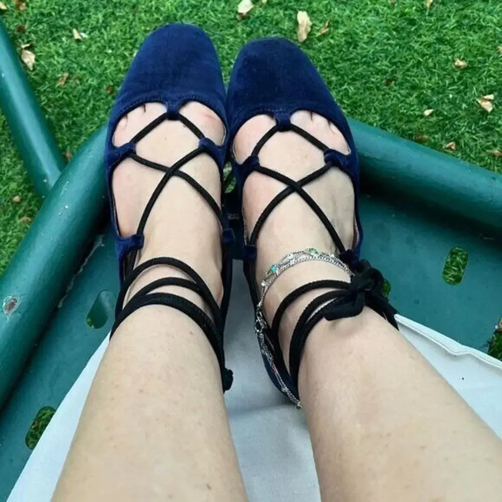 ZARA Velvet Ballet Flats NWT | Ankle Wrap Tie Closure Navy Blue 7.5–9 - Picture 13 of 16